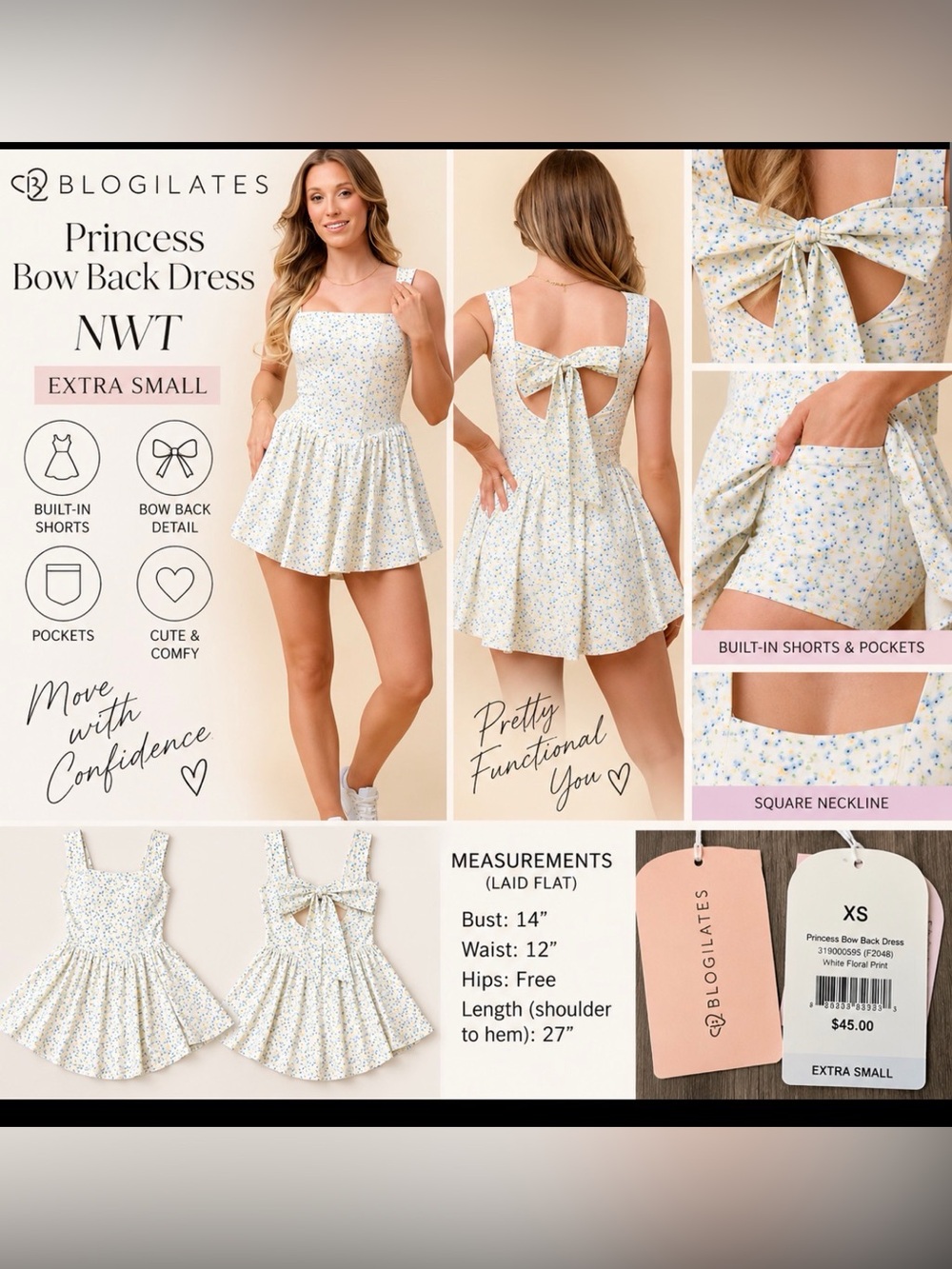 Blogilates Princess Bow Back Dress XS White Floral NWT